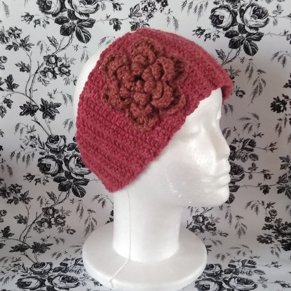 Handmade Crochet Maroon Headband w/ Crochet Flower - Picture 3 of 9